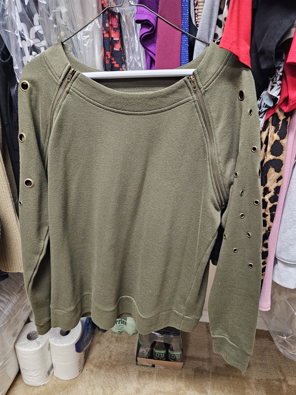 VENUS Olive Green Eyelet Sleeve Crewneck Sweater